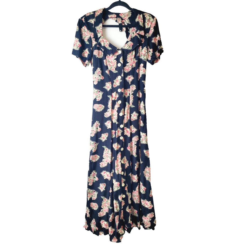 Vintage Karen Alexander 80s Dress Womens 4 Long Maxi 1980s Grunge Black Floral